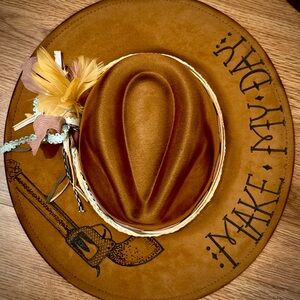 Camel suede “make my day” fedora with a pistol, and ribbon banding!